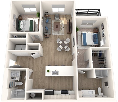 A 3D floor plan of a small apartment with a kitchen, living room, and bedrooms.